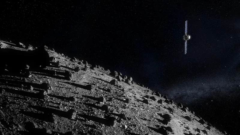 ESA's rendering of Hera above Dimorphos: a small box-shaped spacecraft with two long blue solar wings hangs top right against a field of stars, while below it a grey slope strewn with boulders casts long shadows towards the asteroid's horizon