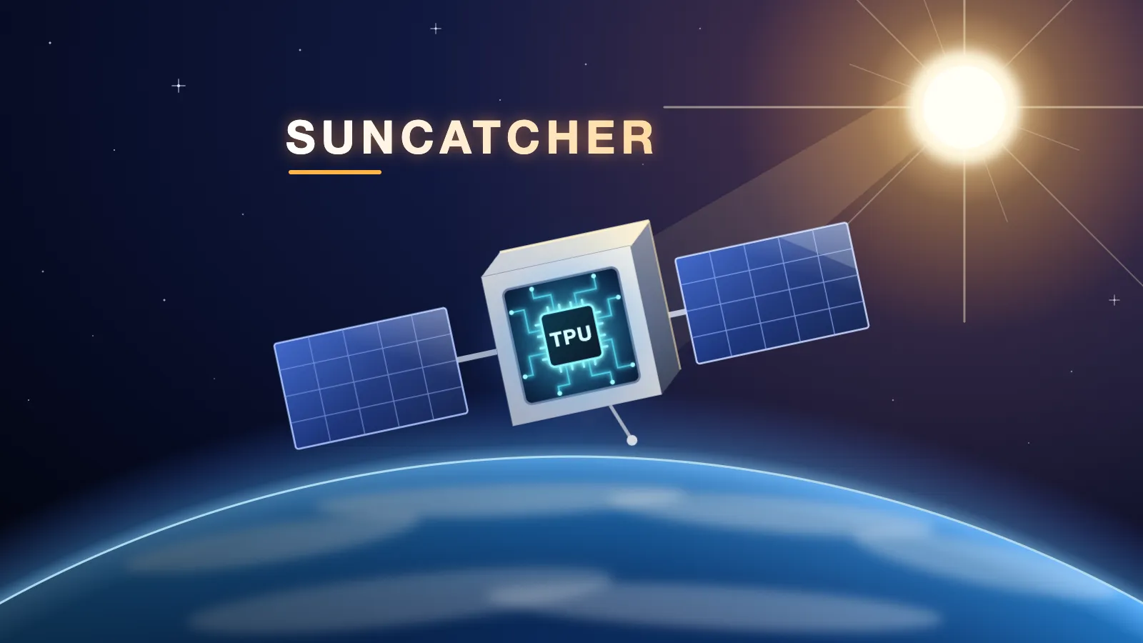 Illustration: a schematic satellite, a box with two blue solar wings, flies above the curve of the Earth, its clouds and the blue glow of its atmosphere; a cut-away in its front shows a glowing chip marked TPU with circuit traces around it, the Sun blazes at the upper right, and the word SUNCATCHER stands above the satellite