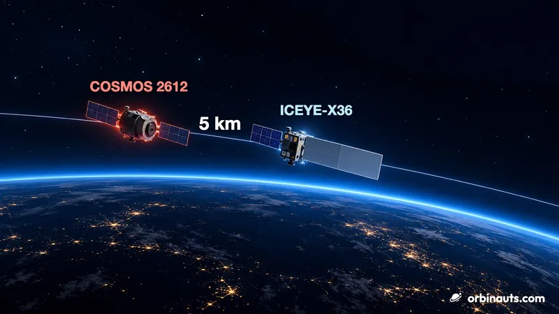 Illustration: above the night side of the Earth, its cities lit and its rim glowing blue, two satellites fly along one thin orbit line; on the left a cylindrical one with two solar wings and a red glow, labelled COSMOS 2612, and ahead of it on the right a box-shaped one with a small solar panel and a long flat radar panel, labelled ICEYE-X36, with 5 km marked between them