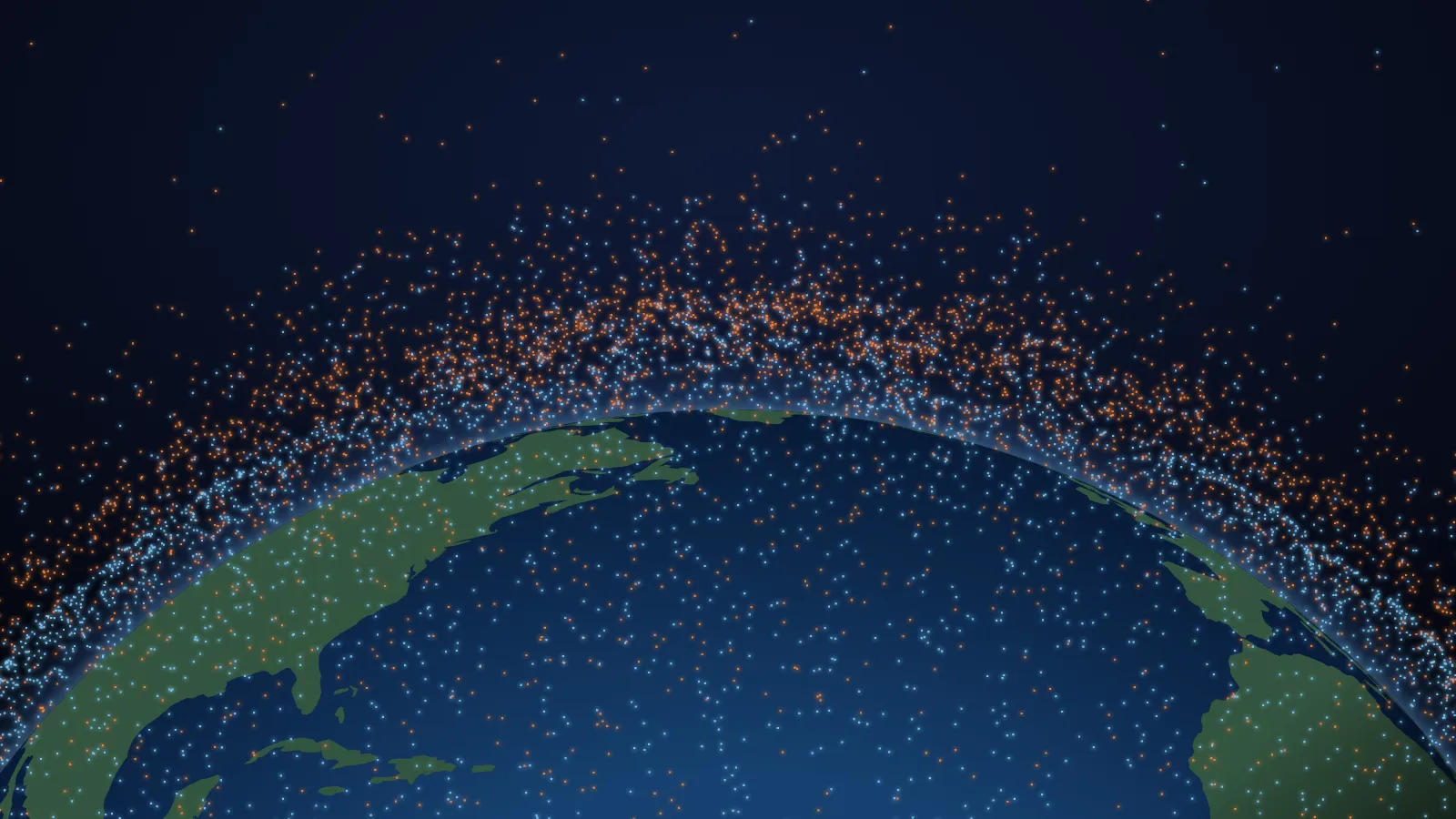 Ilustración: los objetos del catálogo estadounidense a este lado de la Tierra, dibujados donde estaban a las 16:17 UTC del 23 de septiembre de 2026, alrededor de la Tierra vista sobre el Atlántico, con América del Norte a la izquierda y África a la derecha. Los puntos azules, los satélites, en servicio o no, se agolpan en una capa baja junto a la Tierra; los naranjas, los fragmentos, las etapas de cohete agotadas y los objetos sin identificar, forman otra capa por encima. Las alturas están a escala; los puntos, ampliados