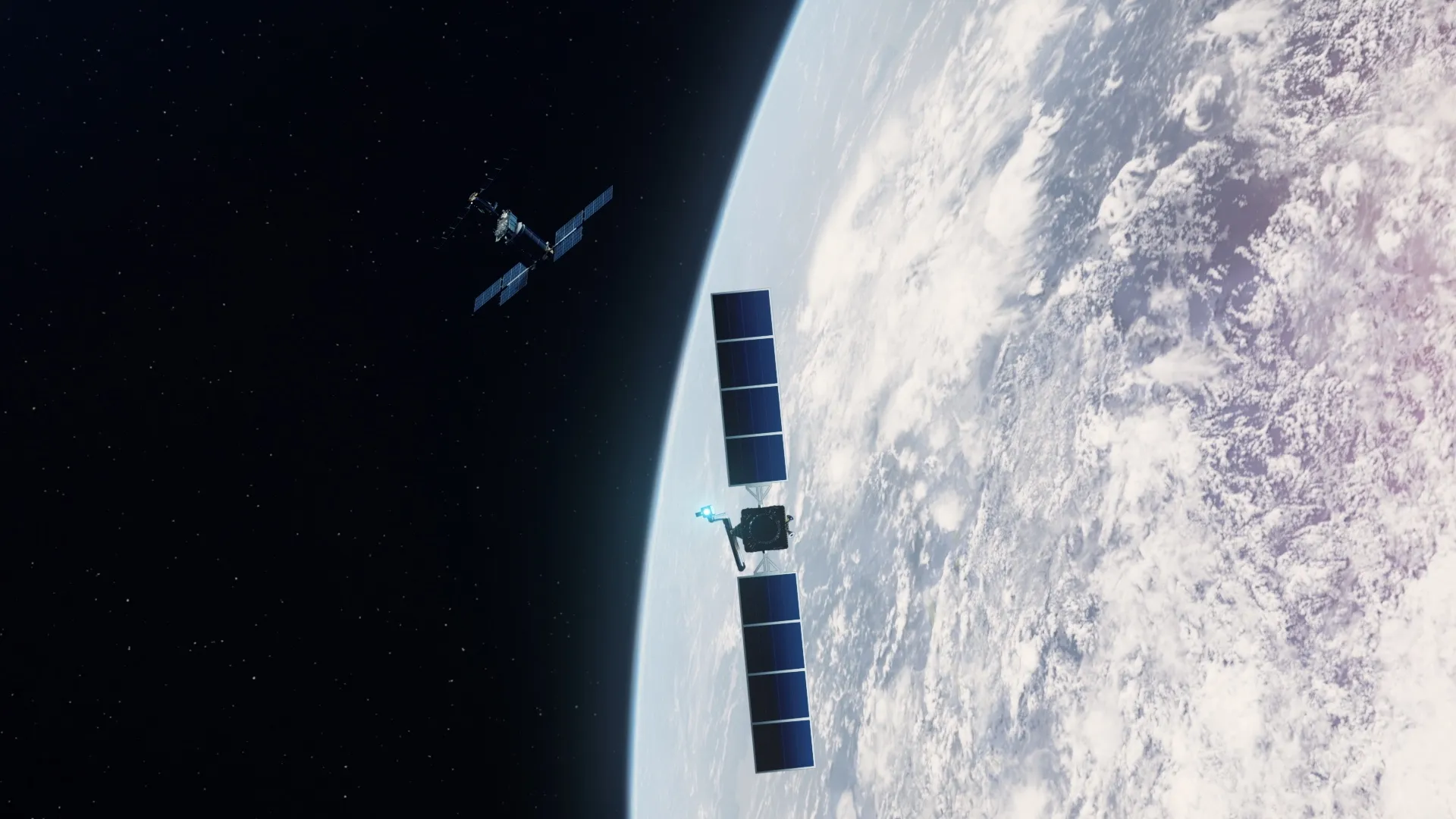 Starfish Space's rendering of an Otter servicing vehicle: in the foreground, a dark box-shaped spacecraft with two long dark-blue solar wings and a jointed arm ending in a glowing blue thruster flies above the cloud-covered curve of the Earth; farther off against black, starry space floats a second satellite with its own solar wings and a long antenna boom