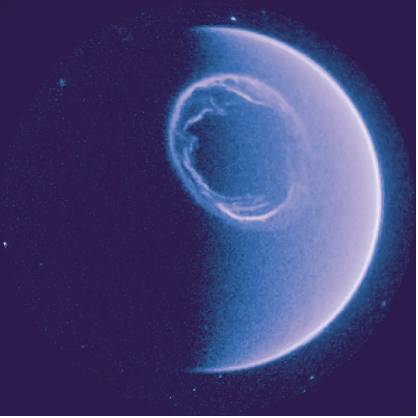 A square false-colour image in blues and violets, a little over half of Earth’s disc lit from the right, with a bright, ragged ring on its upper half, against a dark background with a few small dots