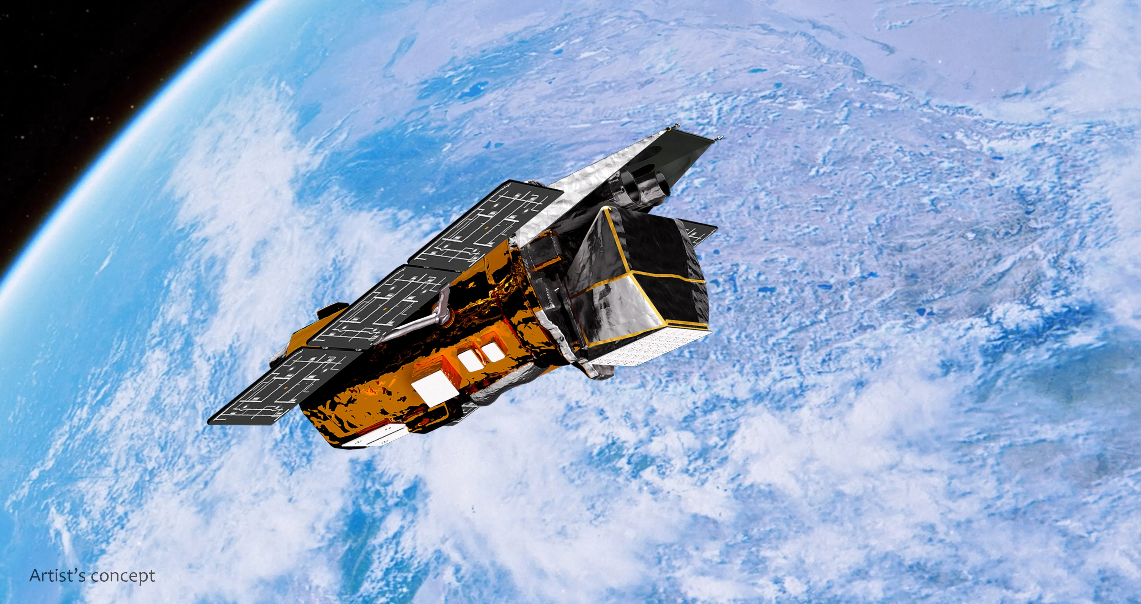 Artist's concept: Swift, a long box wrapped in gold and silver foil with a dark, square-ended telescope housing at one end and dark solar panels spreading out on either side, flies over a bright blue Earth covered in white cloud, whose curved edge meets black space at the top left; the words Artist's concept sit in the bottom left corner