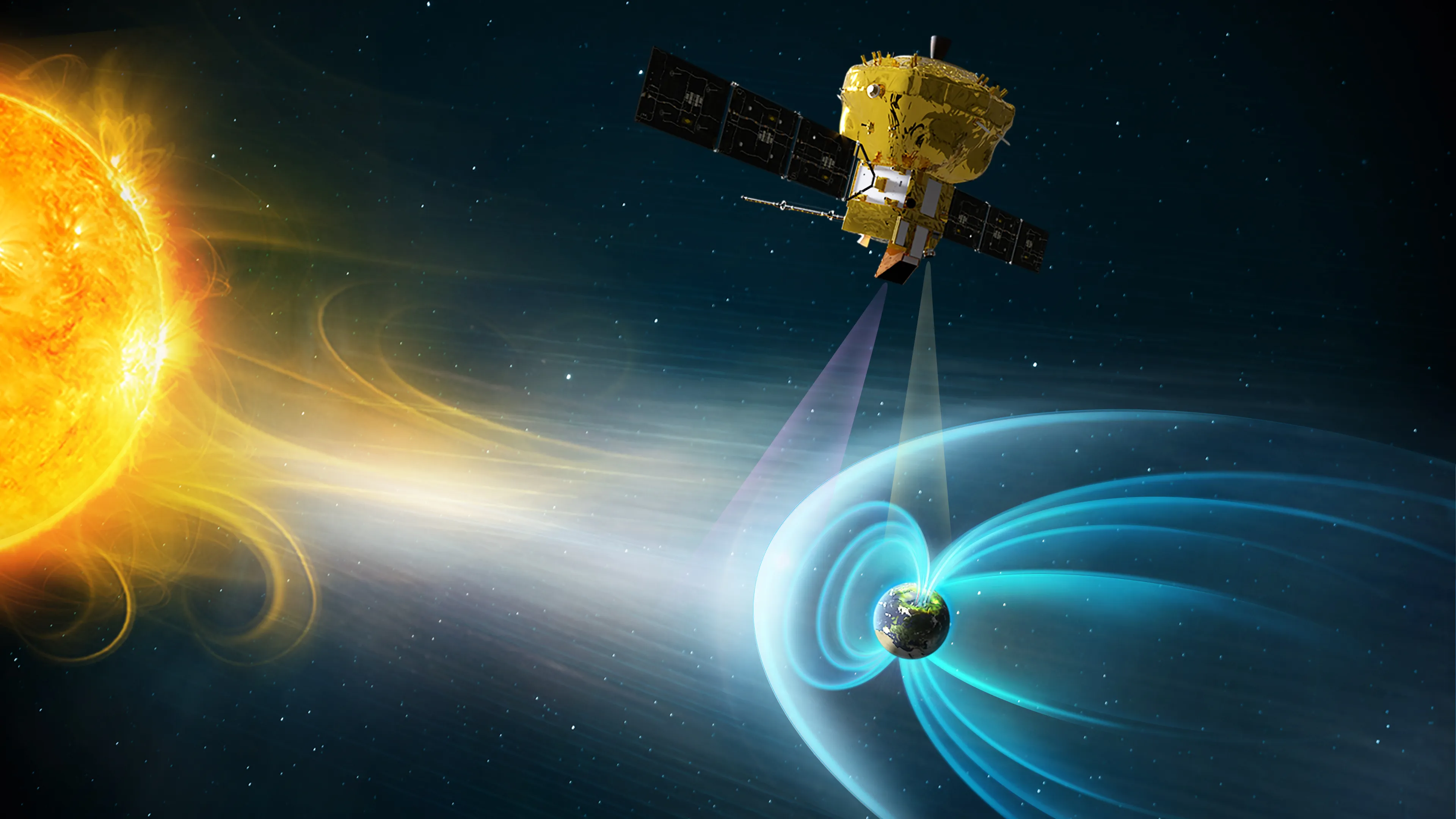 Artist's impression: the Sun, at the left, sends a bright stream towards a small Earth at the lower right, which is wrapped in blue arcs; above Earth a gold spacecraft with two dark solar panels points two narrow beams down at it, against a starry background