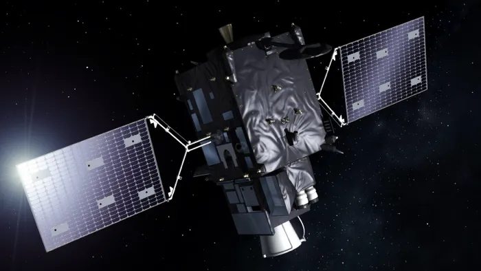 Artist's rendering of a Meteosat Third Generation imaging satellite, the design Meteosat-12 is the first of, with its two solar wings open in orbit.