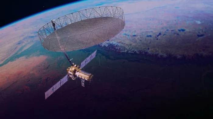 Artist’s rendering of NISAR in orbit over the Earth, its 12-metre mesh reflector open on a long boom above the satellite and its two solar wings.