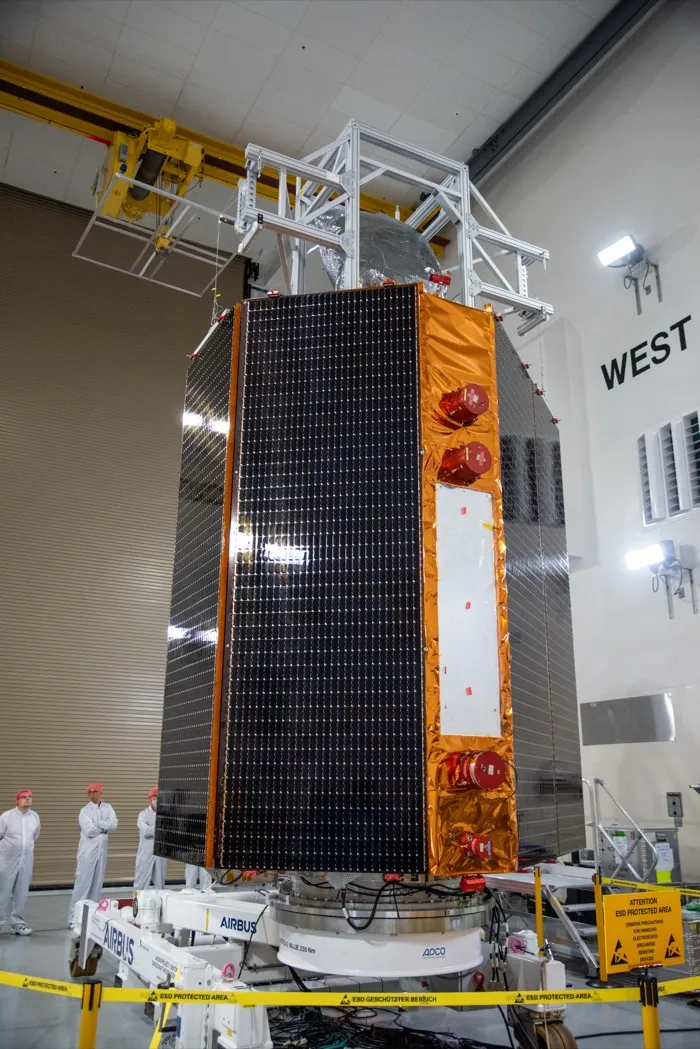 The Sentinel-6B spacecraft standing in the processing facility at Vandenberg during tests of its solar arrays in October 2025.