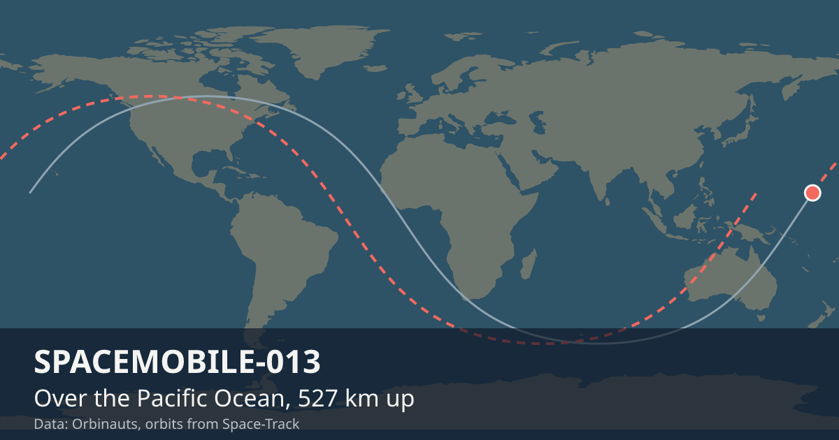 Where SPACEMOBILE-013 is on the world map, with the orbit it is flying