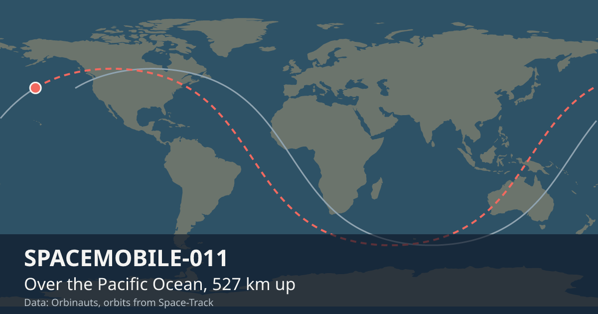 Where SPACEMOBILE-011 is on the world map, with the orbit it is flying
