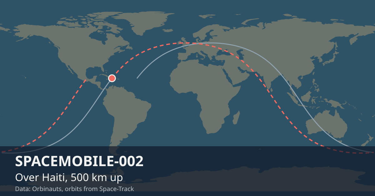 Where SPACEMOBILE-002 is on the world map, with the orbit it is flying