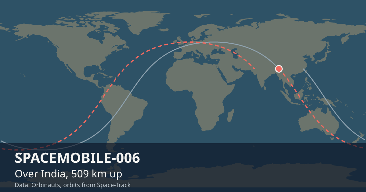 Where SPACEMOBILE-006 is on the world map, with the orbit it is flying